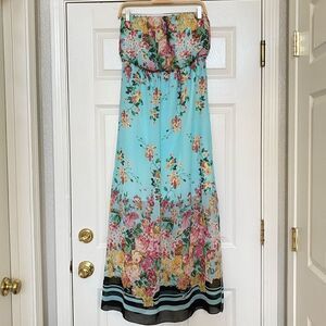 Socialite Aqua Blue Floral Maxi Dress, Size M